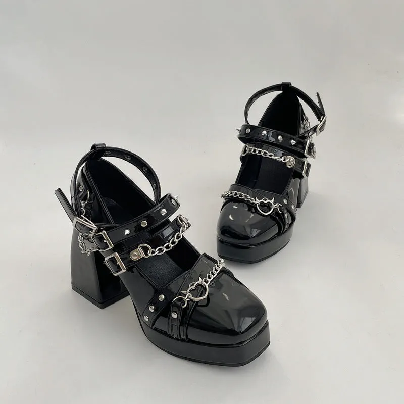 Harajuku Punk Chain Buckle Strap High-heeled Shoes