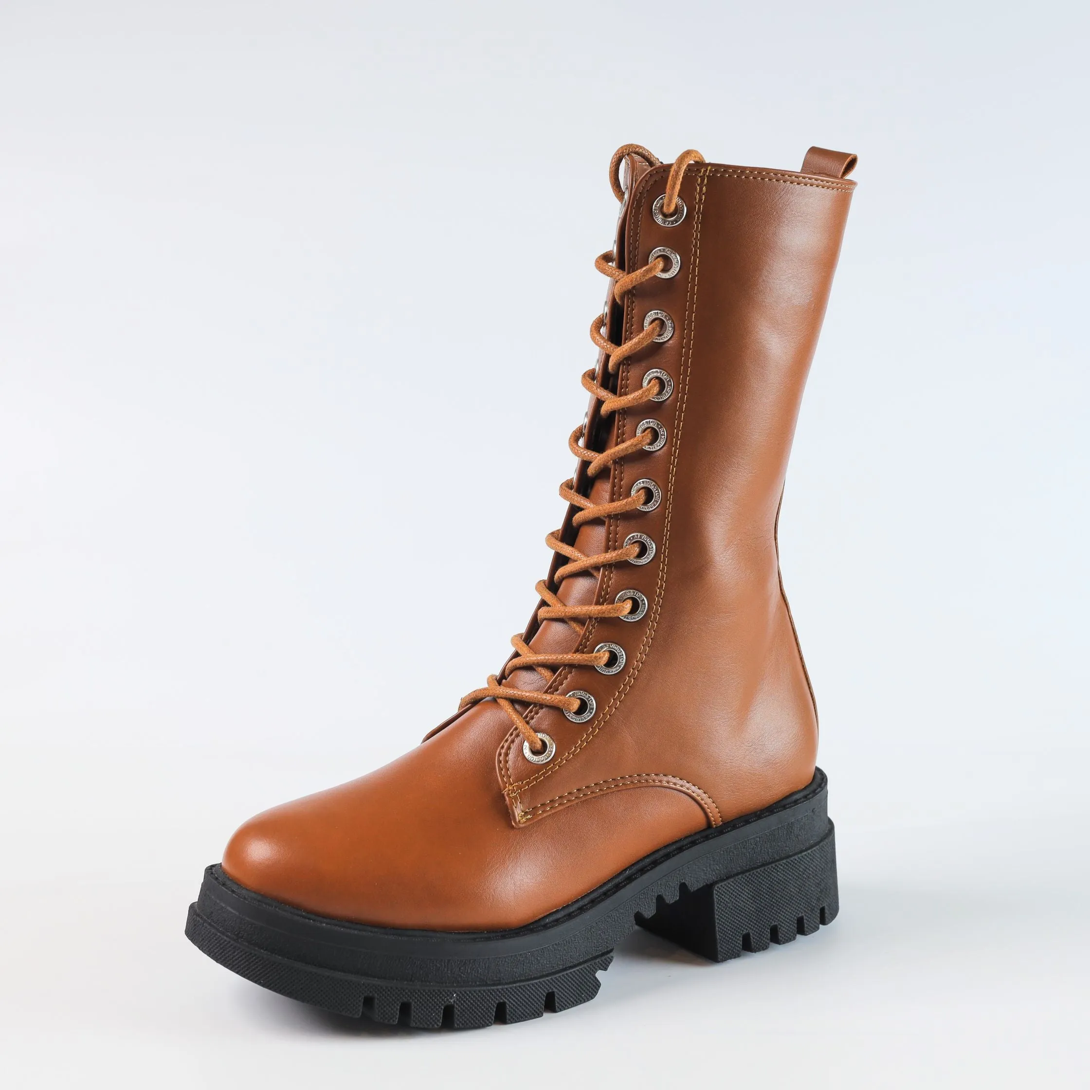 High Laceup & Zipper Plain Leather Boots - Havane