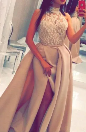 High Neck Sweep Train Split-Side Satin Prom Dress With Appliques Beading TP0074
