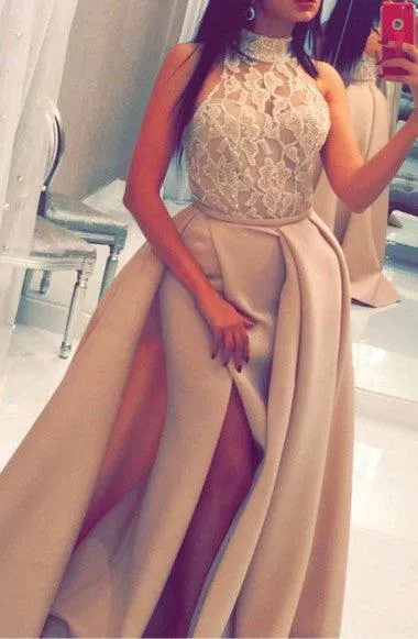 High Neck Sweep Train Split-Side Satin Prom Dress With Appliques Beading TP0074