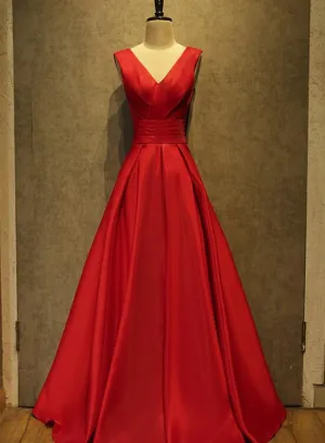 High Quality Red Satin Floor Length Women Formal Dress, Red V-neckline Prom Dress, Red Party Gowns