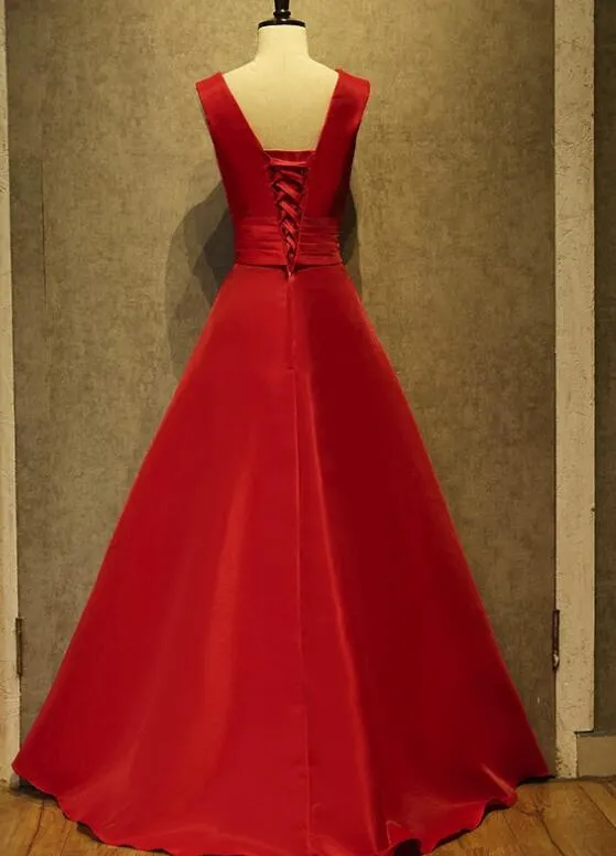 High Quality Red Satin Floor Length Women Formal Dress, Red V-neckline Prom Dress, Red Party Gowns