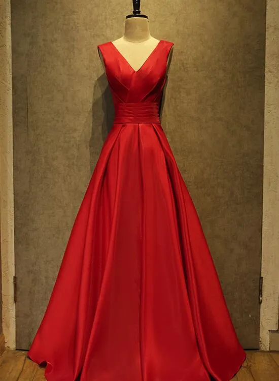 High Quality Red Satin Floor Length Women Formal Dress, Red V-neckline Prom Dress, Red Party Gowns