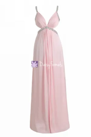 Ice Pink Chiffon Prom Dress Full Length Alluring Party Dress Long Pink Evening Dress (PR28249)