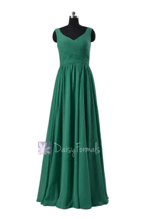 Jade Green Chiffon Bridal Party Dress Long V-neckline Pleated Long Formal Dress(BM5196L)