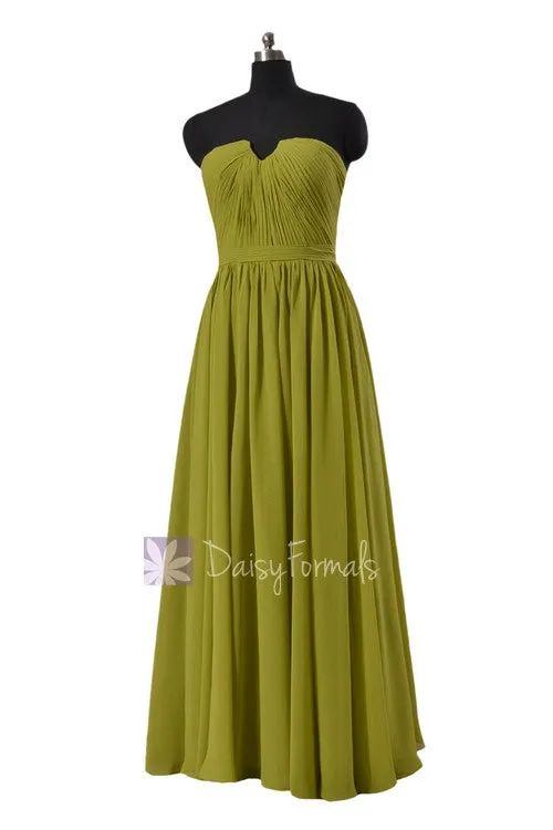 Long Bright Olive Chiffon Bridal Party Dress Strapless Formal Dress W/Inserted V-Neck(BM10823L)