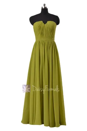 Long Bright Olive Chiffon Bridal Party Dress Strapless Formal Dress W/Inserted V-Neck(BM10823L)