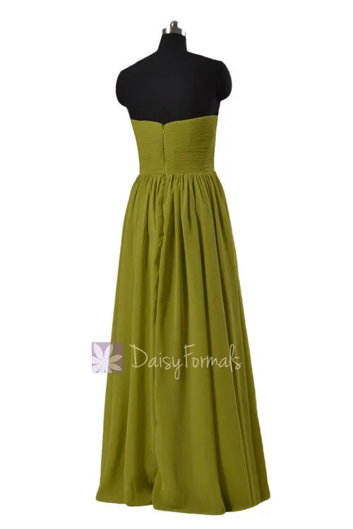 Long Bright Olive Chiffon Bridal Party Dress Strapless Formal Dress W/Inserted V-Neck(BM10823L)