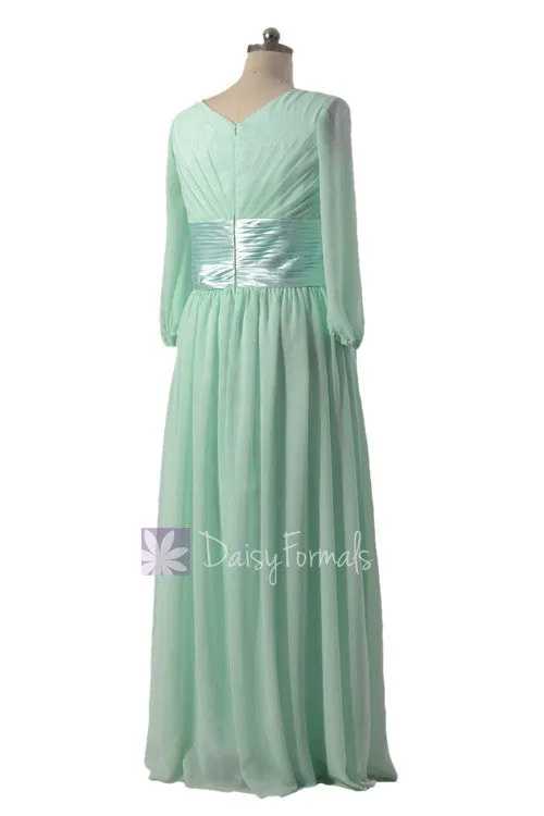 Long Mint Chiffon Bridesmaid Dress Modest Chiffon Party Dress W/Long Sleeves (BM253143)