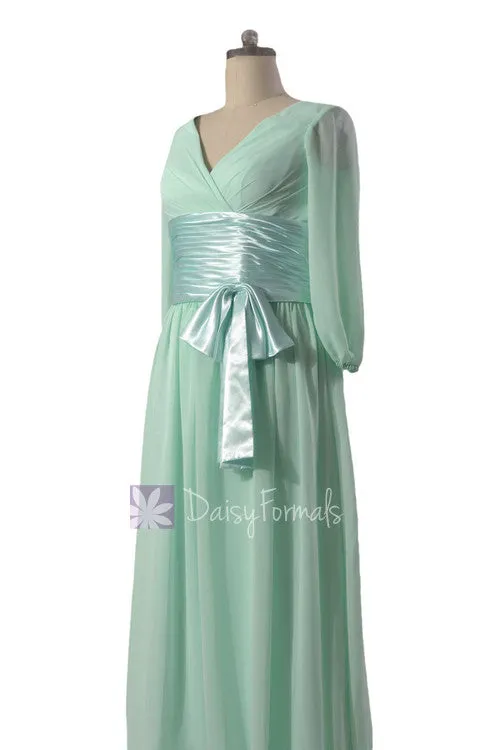 Long Mint Chiffon Bridesmaid Dress Modest Chiffon Party Dress W/Long Sleeves (BM253143)