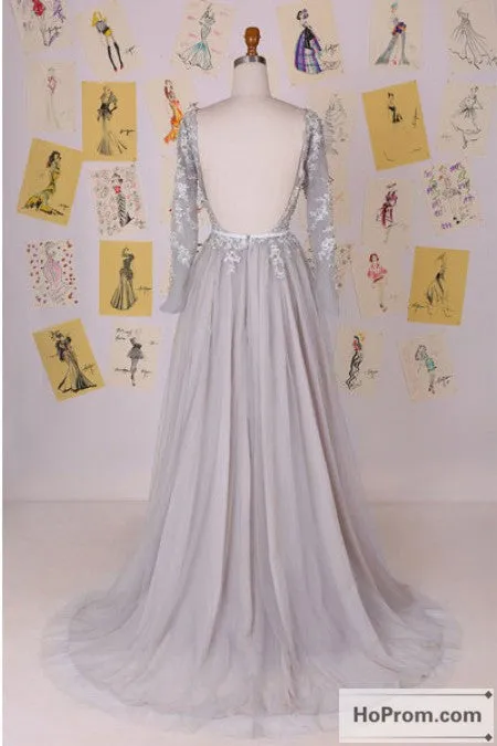 Long Sleeve Backless A-Line Prom Dress Evening Dresses