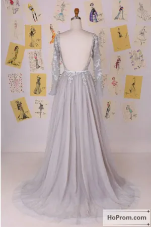 Long Sleeve Backless A-Line Prom Dress Evening Dresses