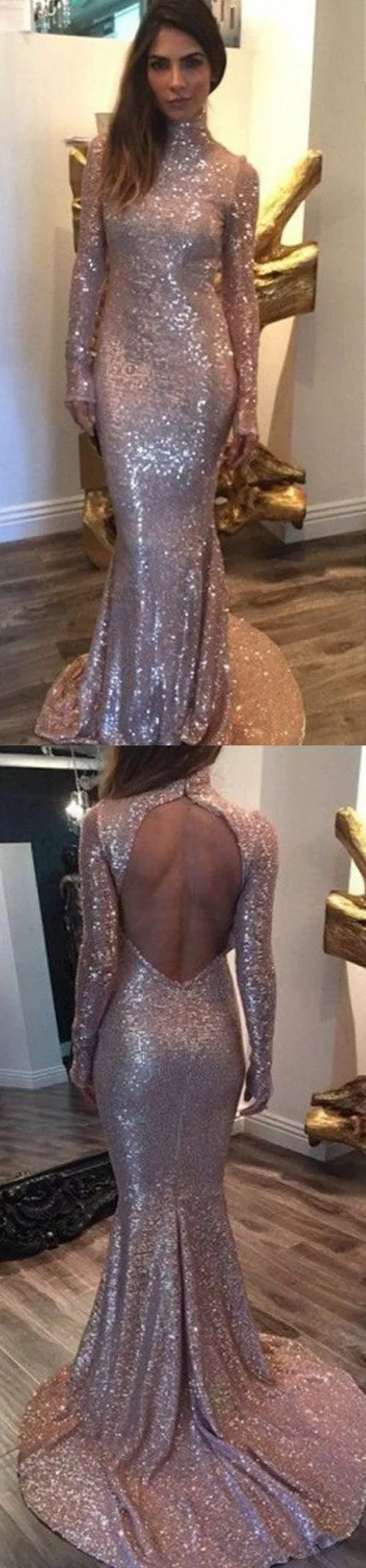 Long Sleeves Sequin High Neck Backless Mermaid Long Prom Dress, BG51117