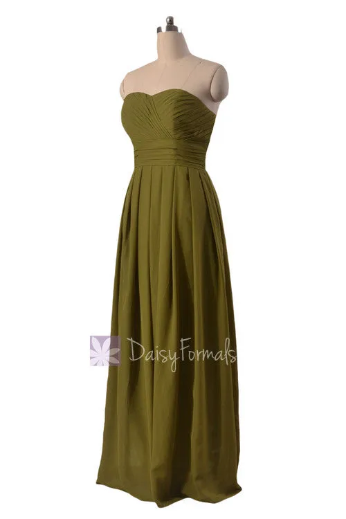 Long Strapless Dark Olive Chiffon Bridesmaid Dress Clover Sweetheart Bridal Party Dress(BM975)