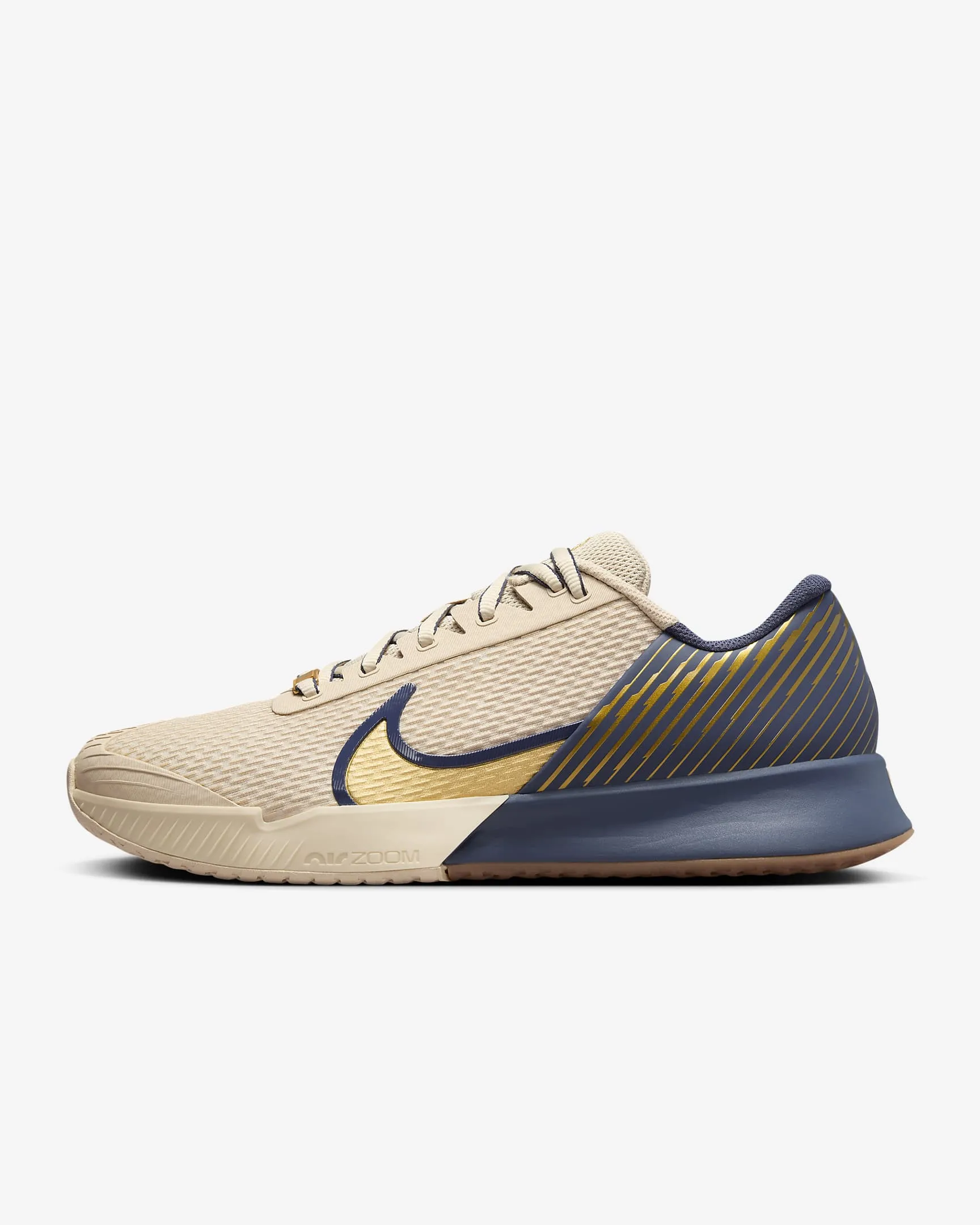 Nike Men's Court Air Zoom Vapor Pro 2 Premium Hard Court Tennis Shoes in Sanddrift/Metallic Gold-Thunder Blue
