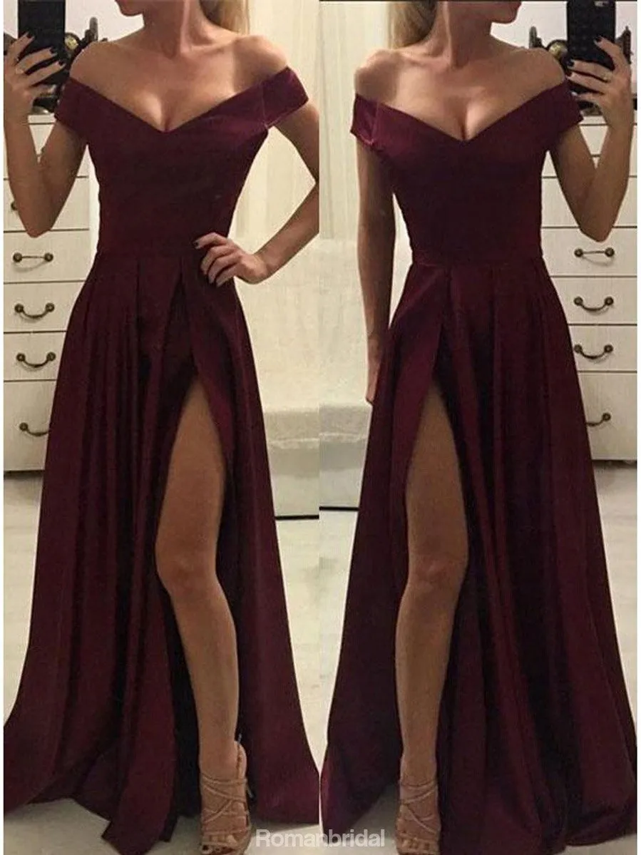 Off-shoulder Burgundy High Split Simple Cheap Prom Dress, PD0636
