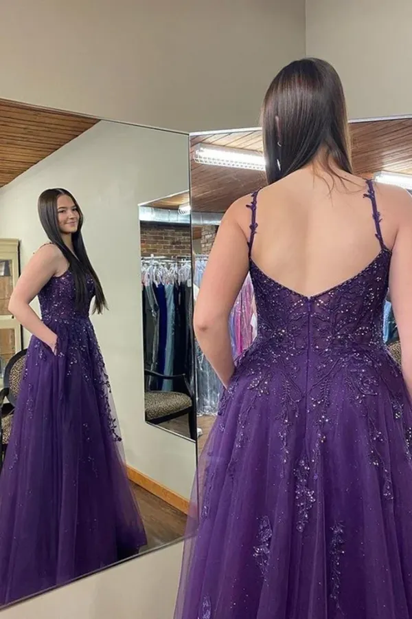 Open Back Beaded Purple Lace Floral Long Prom Dresses with High Slit APP0775
