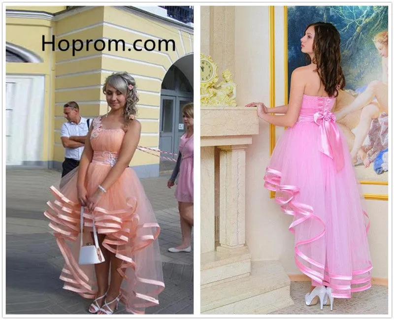 Pink High Low Homecoming Dress, One Shoulder Chiffon Homecoming Dress