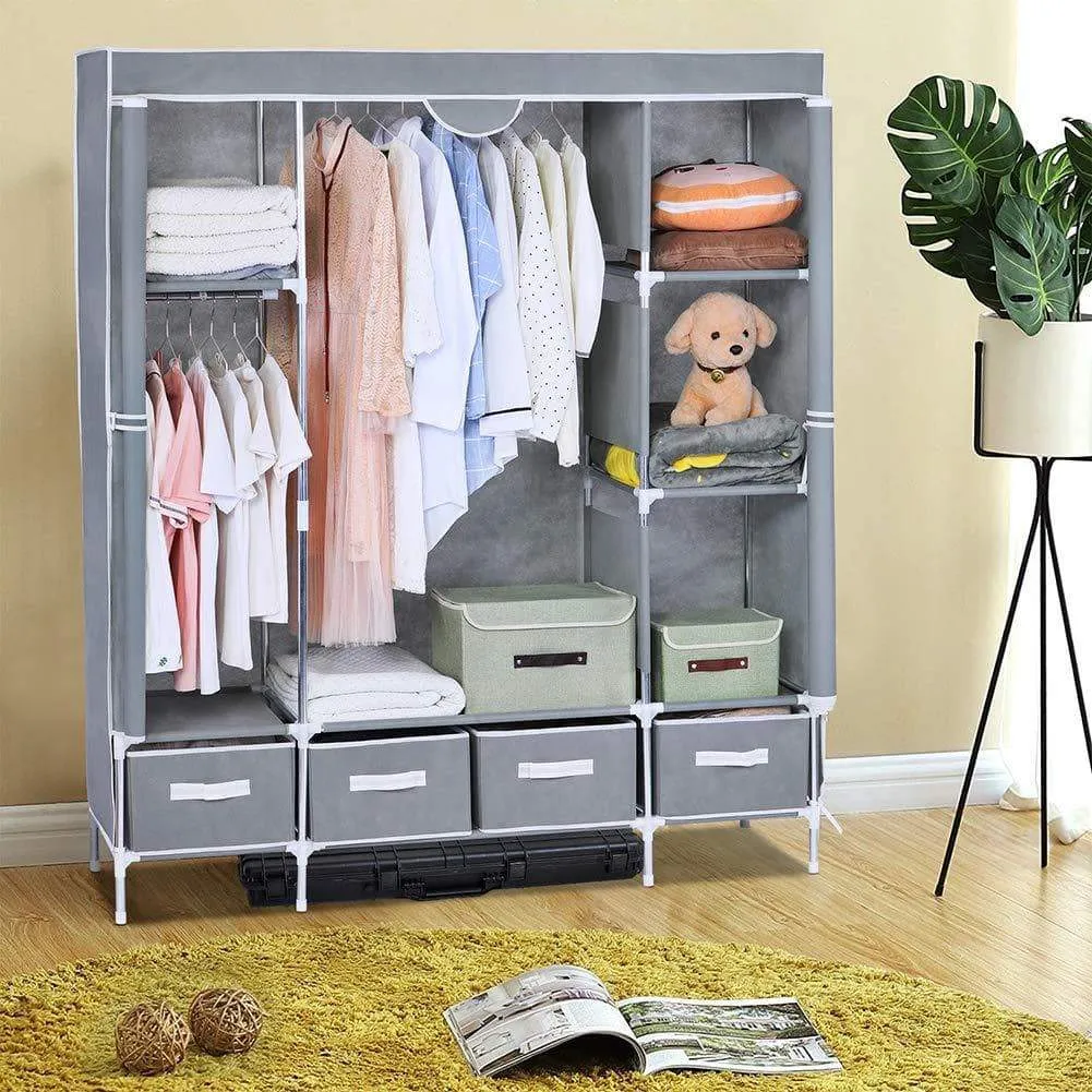 Portable Clothes Closet, Canvas Wardrobe Closet Huge Free Standing Clothes Organizer Storage with Hanging Rod, Dust-Proof Cover 67x58x17.7 inch