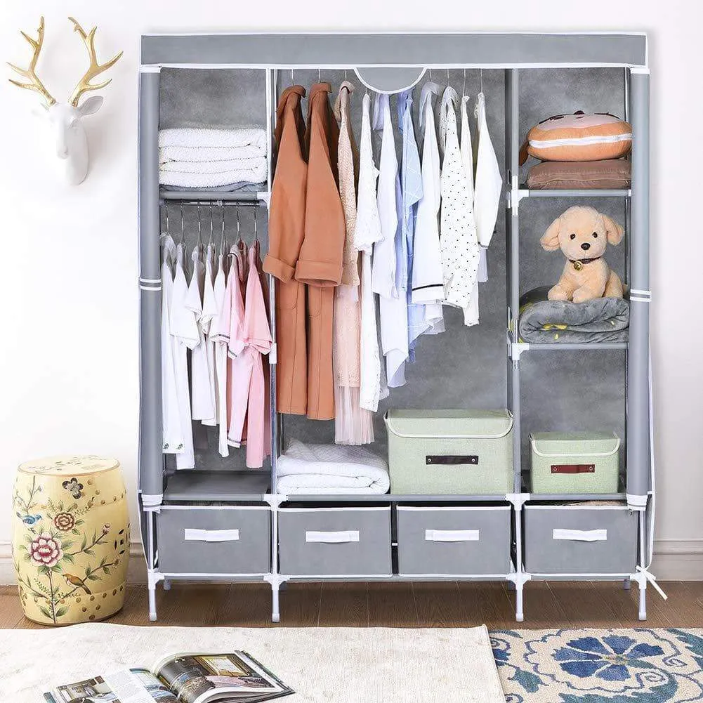 Portable Clothes Closet, Canvas Wardrobe Closet Huge Free Standing Clothes Organizer Storage with Hanging Rod, Dust-Proof Cover 67x58x17.7 inch