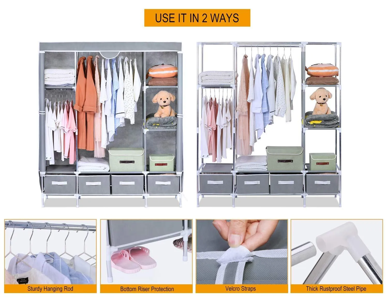 Portable Clothes Closet, Canvas Wardrobe Closet Huge Free Standing Clothes Organizer Storage with Hanging Rod, Dust-Proof Cover 67x58x17.7 inch