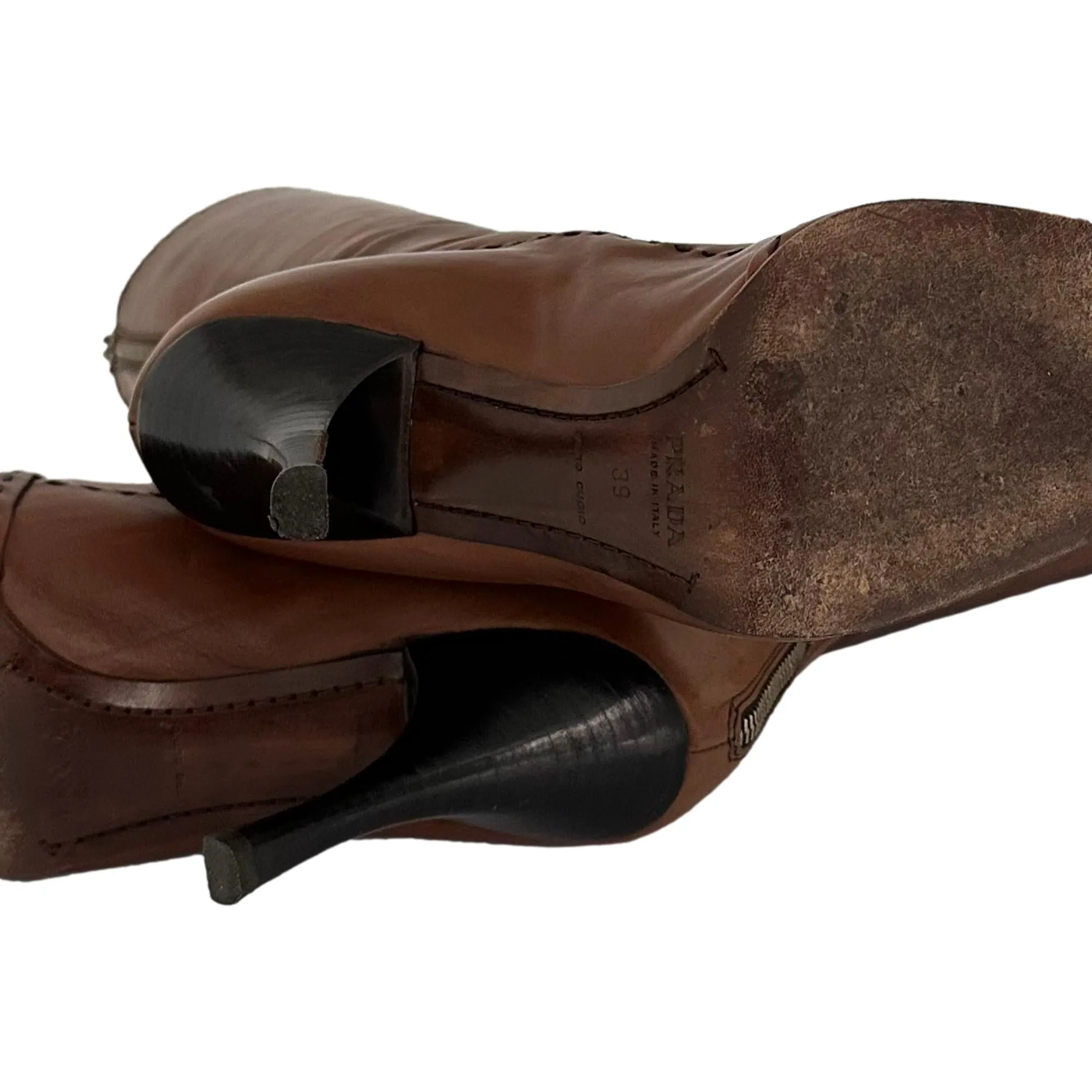 Prada Brown Leather Buckle Knee High Boots