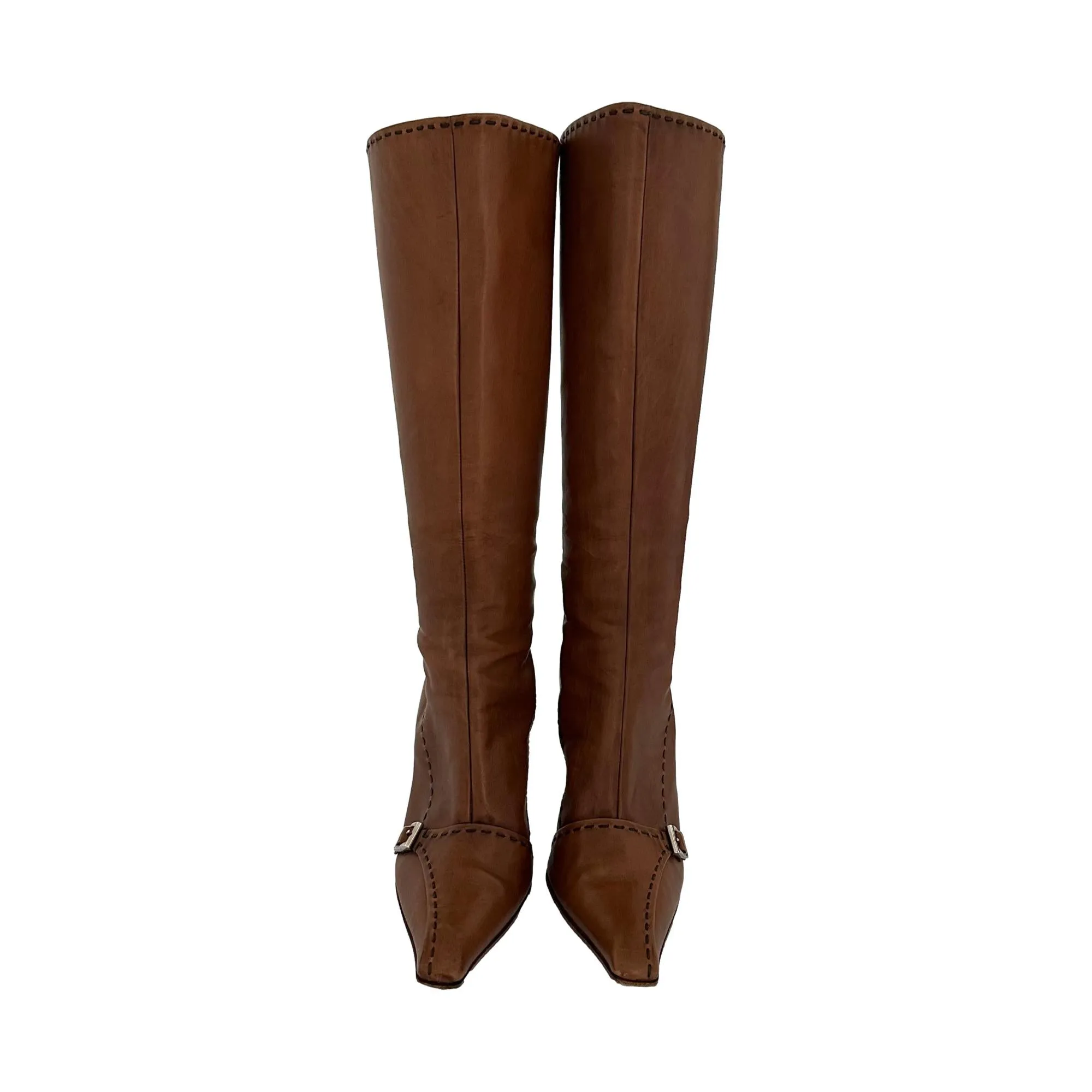 Prada Brown Leather Buckle Knee High Boots
