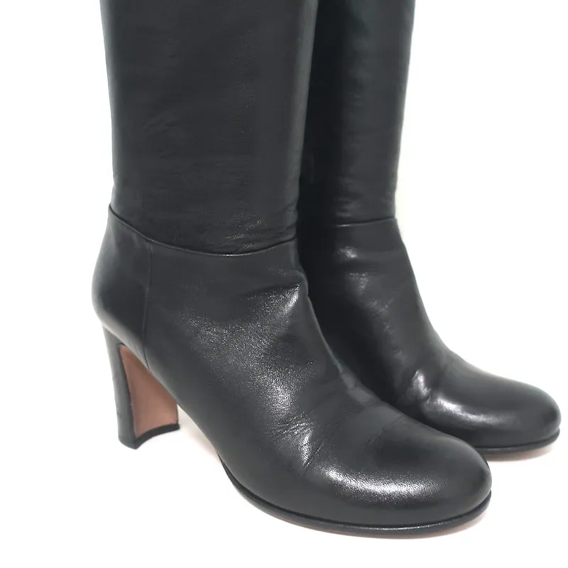 Prada Knee High Boots Black Leather Size 37 High Heel
