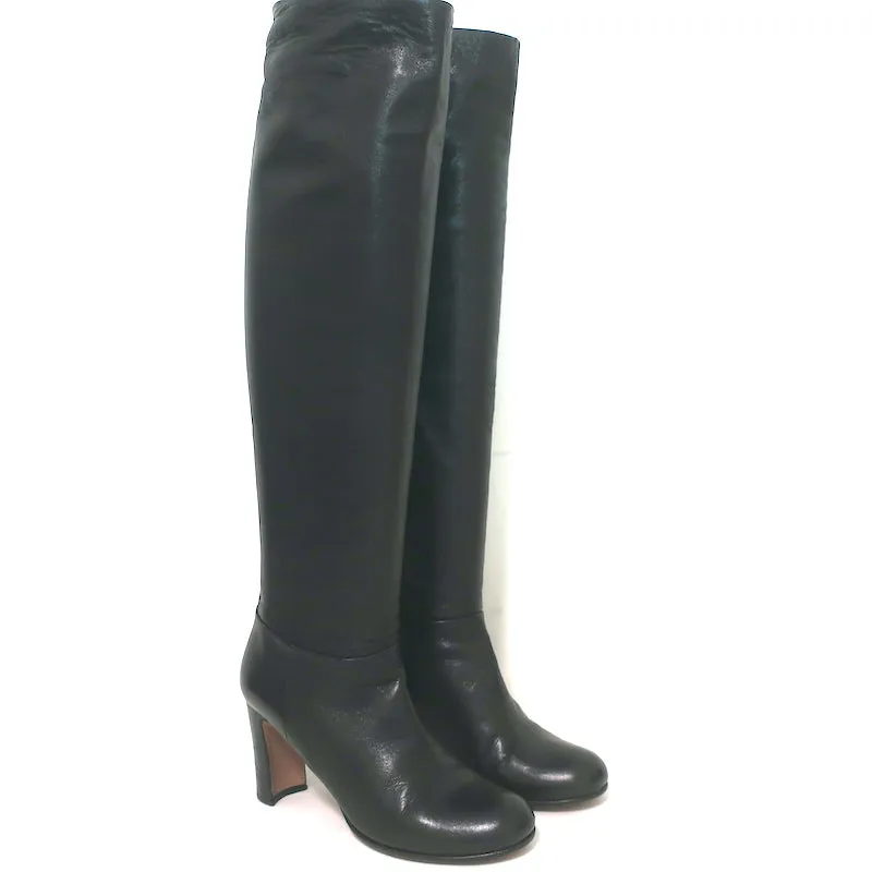 Prada Knee High Boots Black Leather Size 37 High Heel