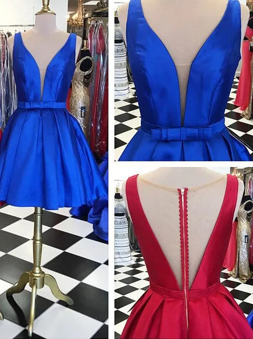 Red/Blue Deep V Neck Open Back A Line Short Homecoming Dress