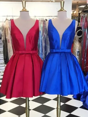 Red/Blue Deep V Neck Open Back A Line Short Homecoming Dress