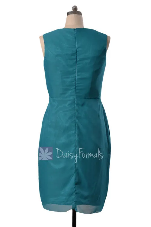 Rich Teal V-Neck Knee Length Bridesmaid Chiffon Formal Party Dress(BM266)