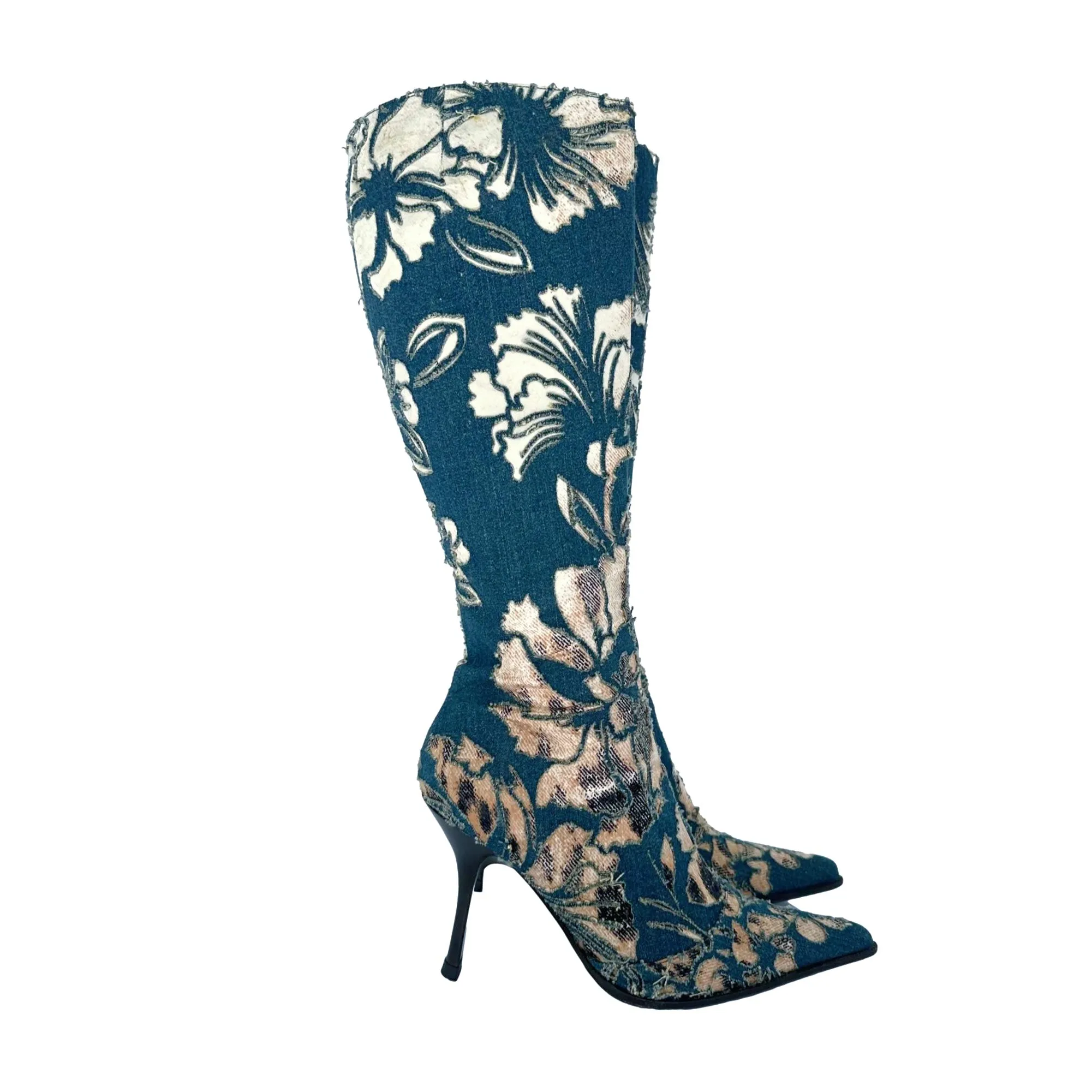 Roberto Cavalli Denim   Cheetah Knee High Boots