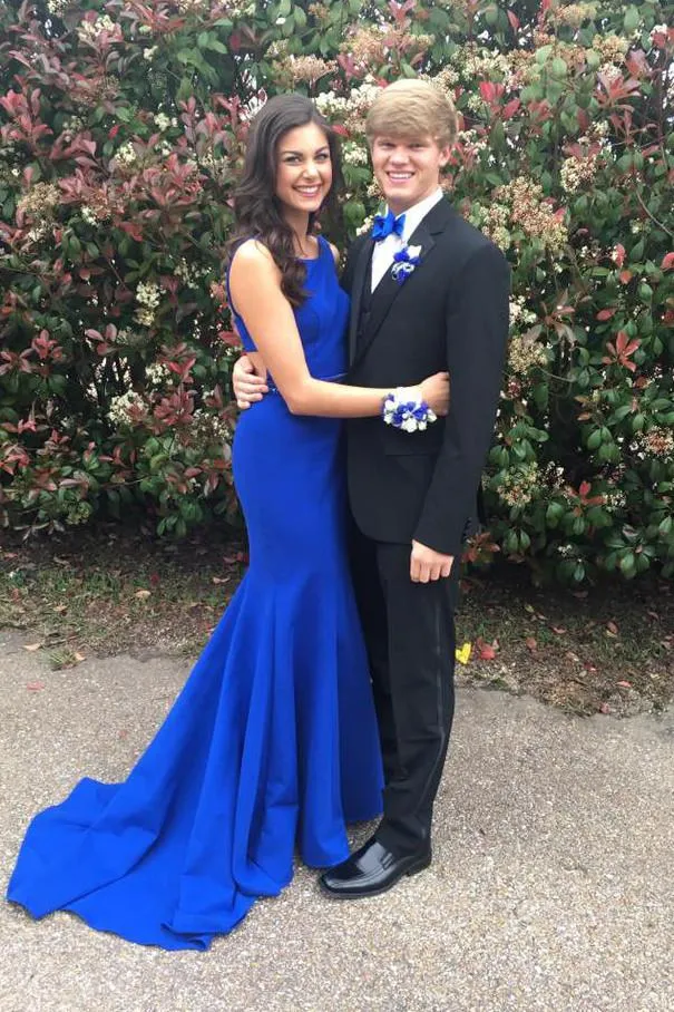 Royal Blue Mermaid Open Back Beaded Prom Dresses with Sweep Train, MP369