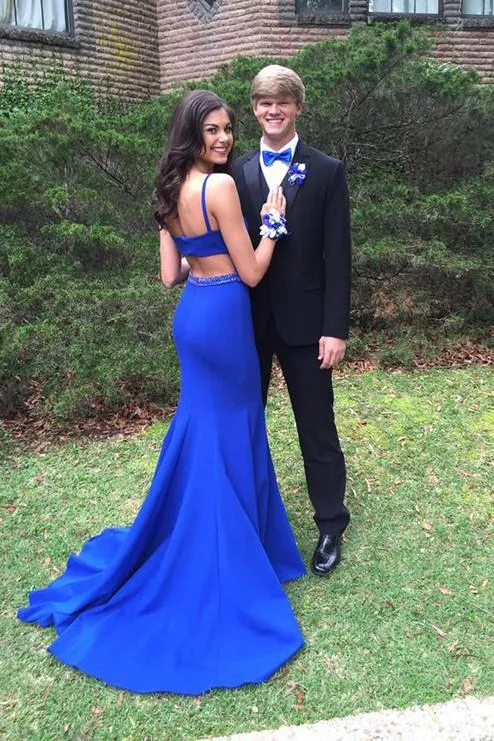 Royal Blue Mermaid Open Back Beaded Prom Dresses with Sweep Train, MP369