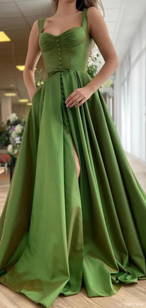 Sage Green Cute Sweetheart Spaghetti Strap A-line Long Prom Dress, PD3141