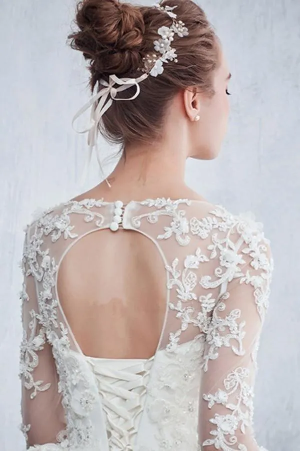 Scoop Neck Beaded Appliques Ball Gown Wedding Dress With Sleeves WD046