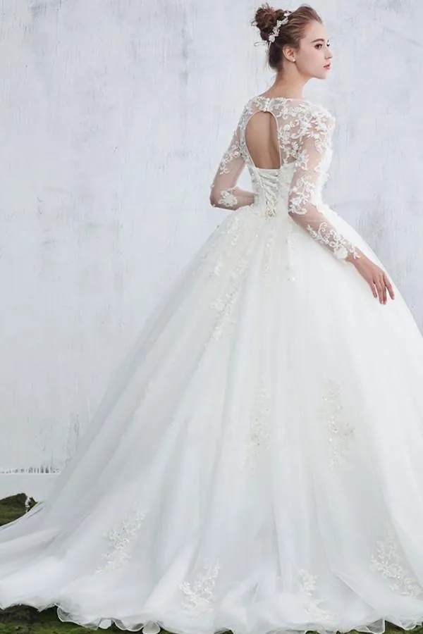 Scoop Neck Beaded Appliques Ball Gown Wedding Dress With Sleeves WD046