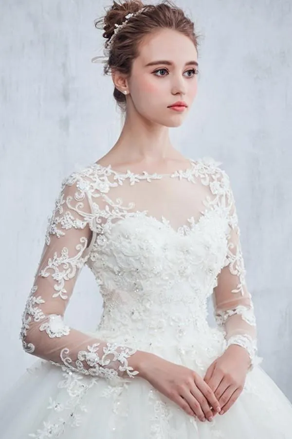 Scoop Neck Beaded Appliques Ball Gown Wedding Dress With Sleeves WD046