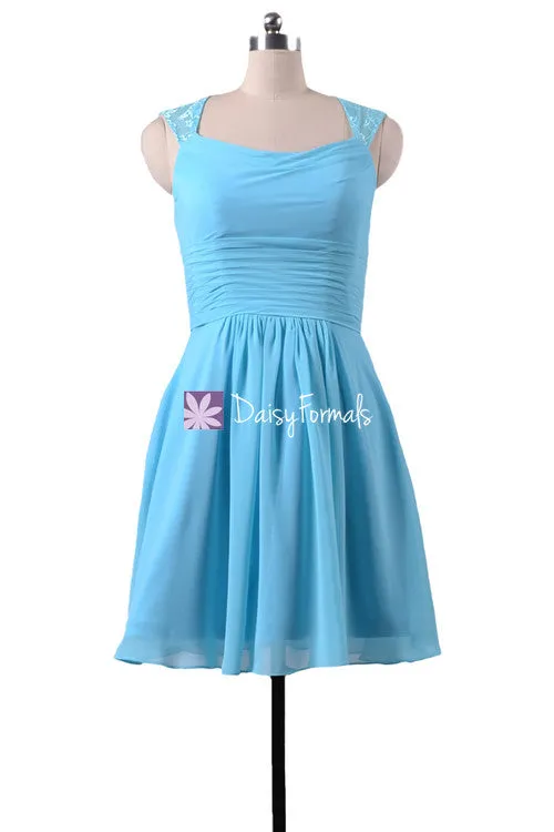 Sea Blue Short Chiffon Bridal Party Dress Scoop Neckline Beach Wedding Dress (BM241)