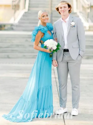 Sexy Chiffon Spaghetti Straps V-Neck Lace Up Back A-Line Long Prom Dresses, PD0876