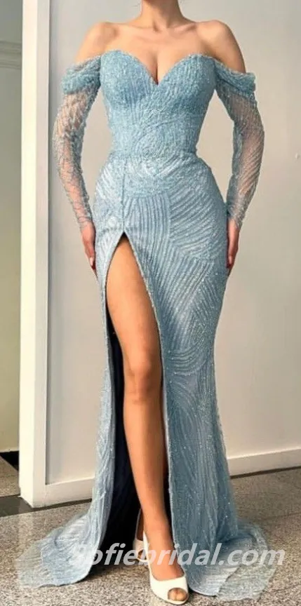 Sexy Long Sleeves Off Shoulder V-Neck Side Slit Mermaid Long Prom Dresses,SFPD0225