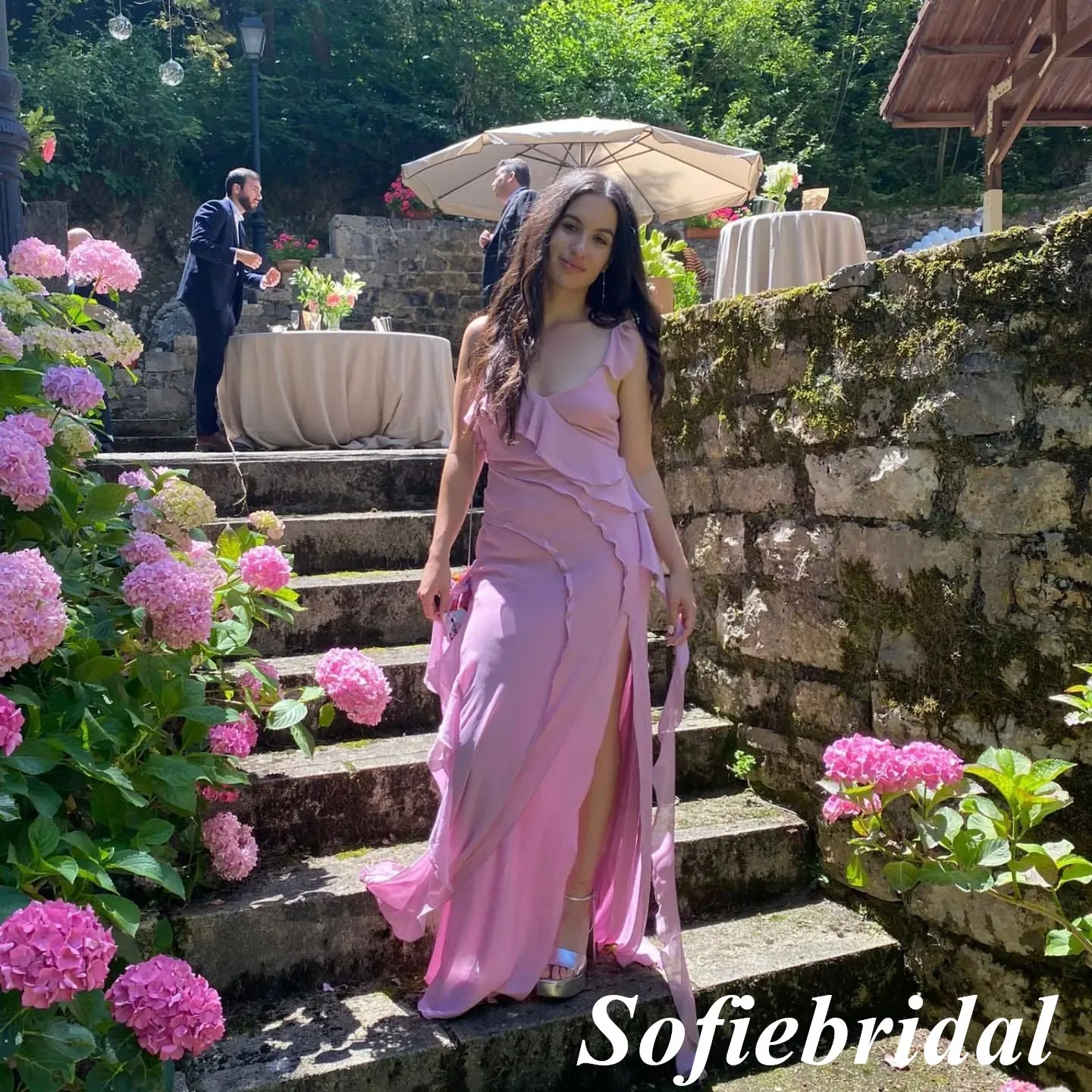 Sexy Pink Chiffon Spaghetti Straps V-Neck Sleeveless Side Slit Mermaid Floor Length Prom Dress, PD01065