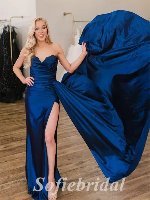 Sexy Royal Blue Satin Sweetheart Sleeveless Side Slit Mermaid Long Prom Dresses With trailing,SFPD0690