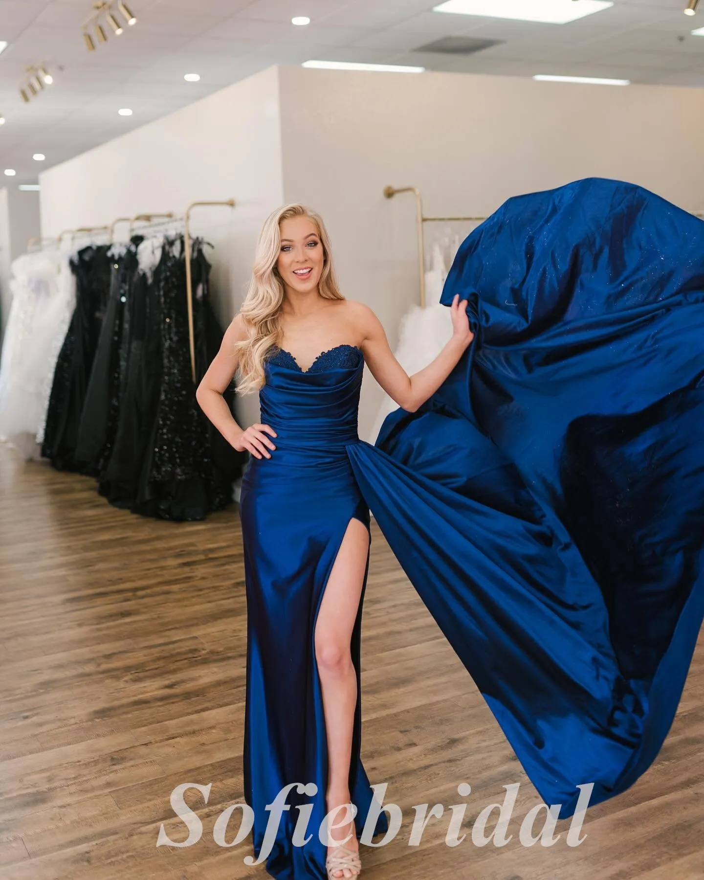 Sexy Royal Blue Satin Sweetheart Sleeveless Side Slit Mermaid Long Prom Dresses With trailing,SFPD0690