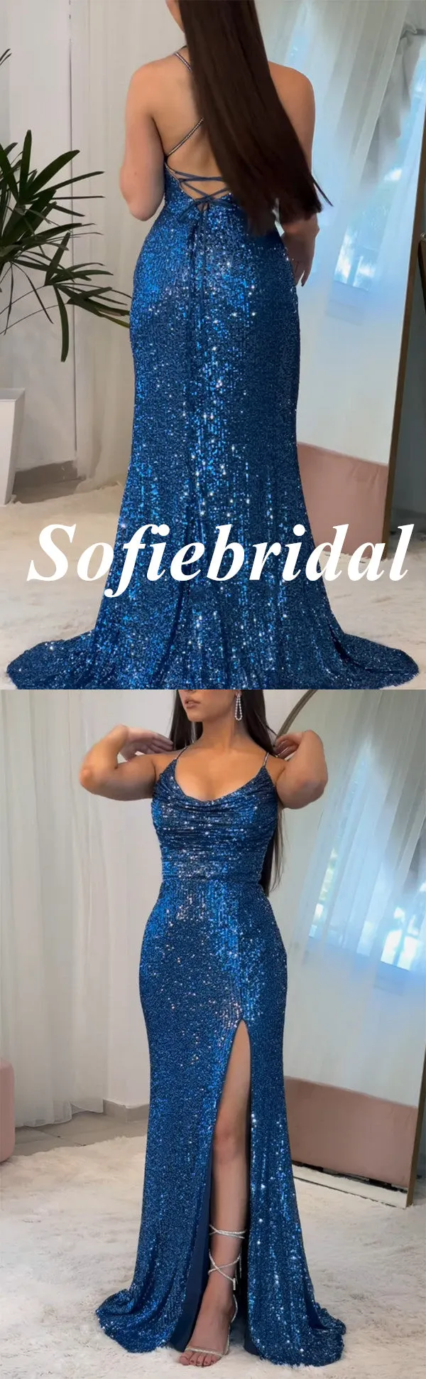 Sexy Royal Blue Sequin Spaghetti Straps Sleeveless Side Slit Mermaid Floor Length Prom Dress, PD01079