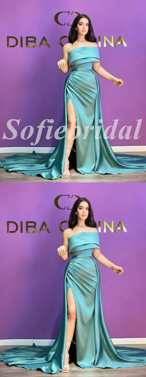 Sexy Satin Sleeveless Side Slit Mermaid Long Prom Dresses, PD0862