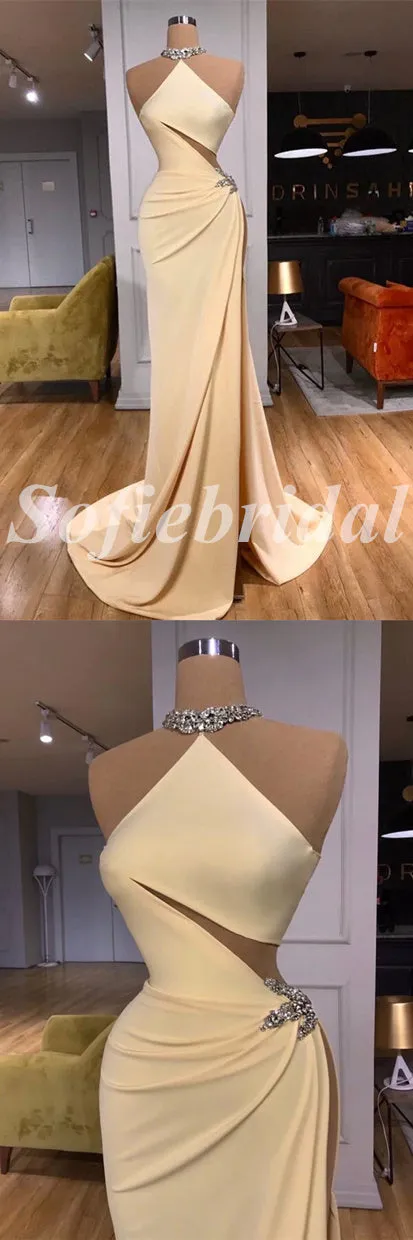 Sexy Satin Sleeveless Side Slit Mermaid Long Prom Dresses With Rhinestone,SFPD0700