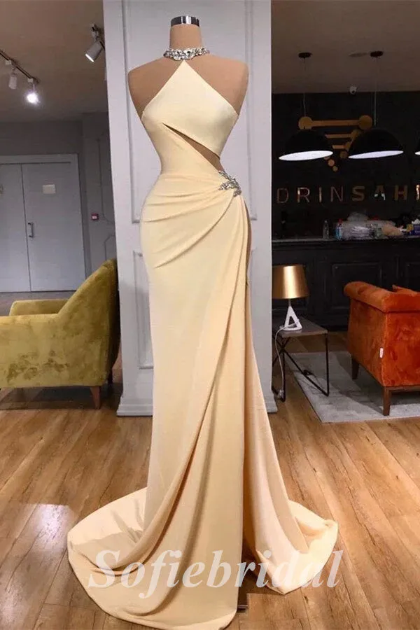 Sexy Satin Sleeveless Side Slit Mermaid Long Prom Dresses With Rhinestone,SFPD0700