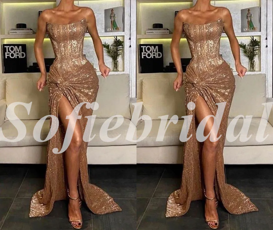 Sexy Sequin Sweetheart Sleeveless Side Slit Mermaid Long Prom Dresses,SFPD0726